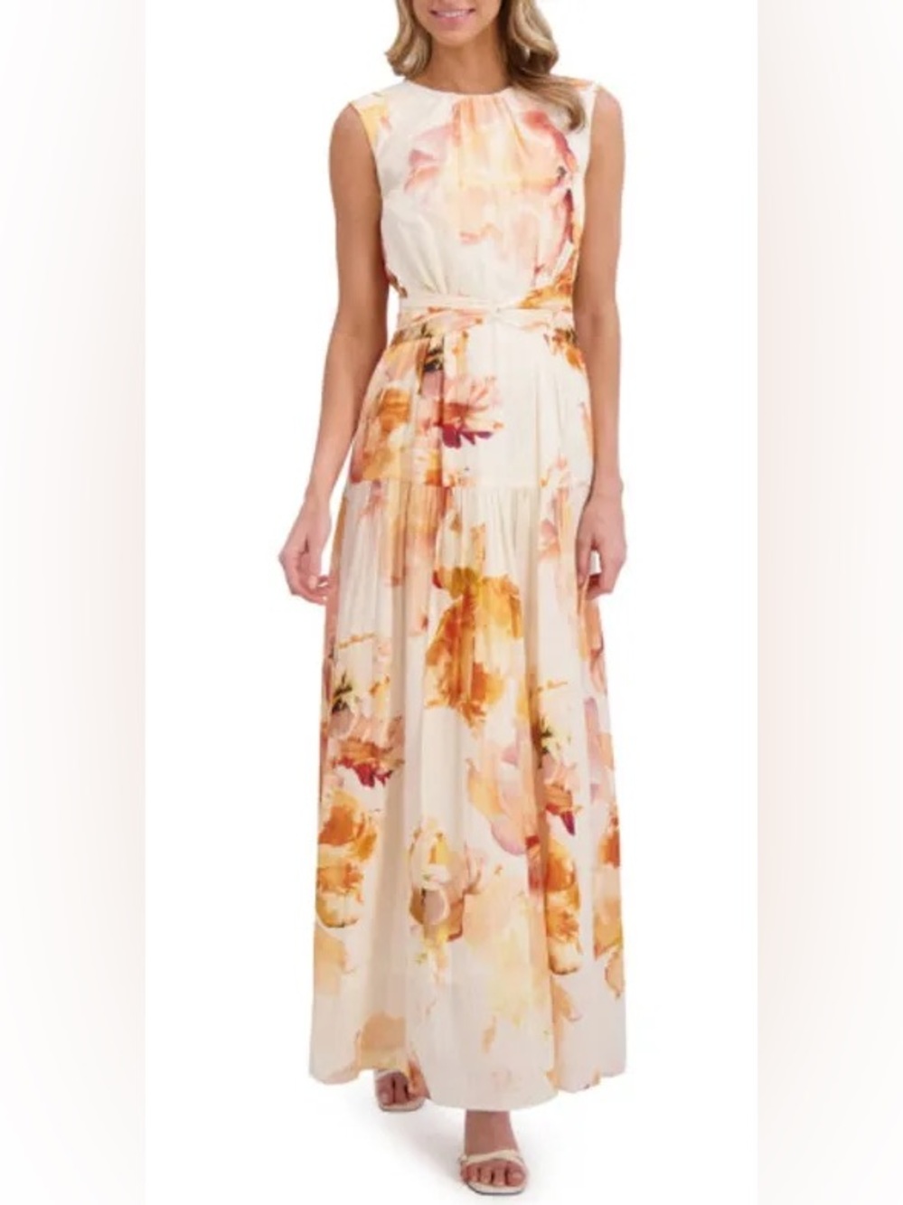 Ted Baker Metallic Floral Wrap Waist Cotton Blend Dress Orange Ivory Size 8